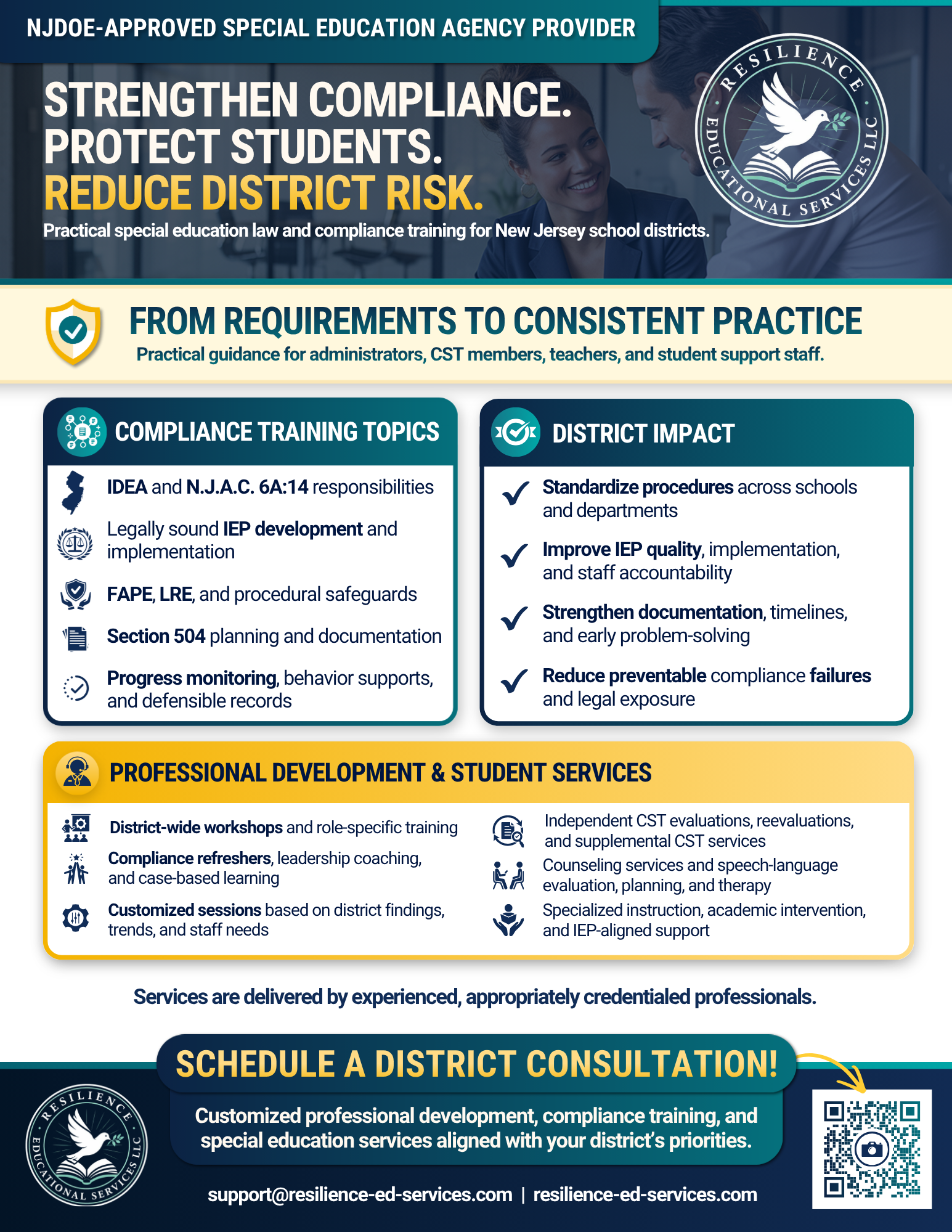 Resilience Educational Services special education compliance and student services flyer
